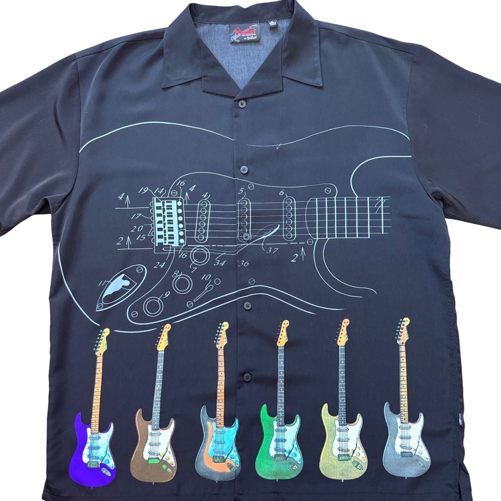 Vtg Fender The Collection by DaVinci Shirt Mens XL Black Guitar Blueprint